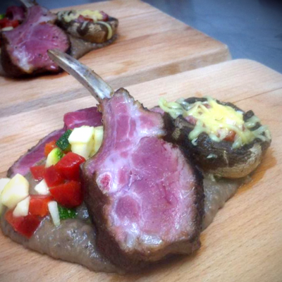 Flatiron Lamb with Aubergine Puree, Smoked Sausage and Stuffed Mushroom